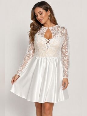 SHEIN Curve 1XL White Lace Formal Dress Plus Size Long Sleeve Satin Skater Mini.